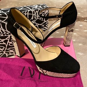 Diane von Furstenburg, Mika, Black Suede/Snake Heel, Size 7